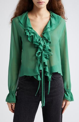 Flounce Ruffle Long Sleeve Silk Top