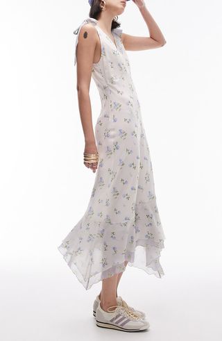 Floral Bow Strap Handkerchief Hem Dress